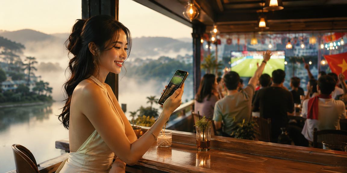 Khung cảnh lễ hội casino di động tại Đà Lạt với người chơi tham gia trên thiết bị di động